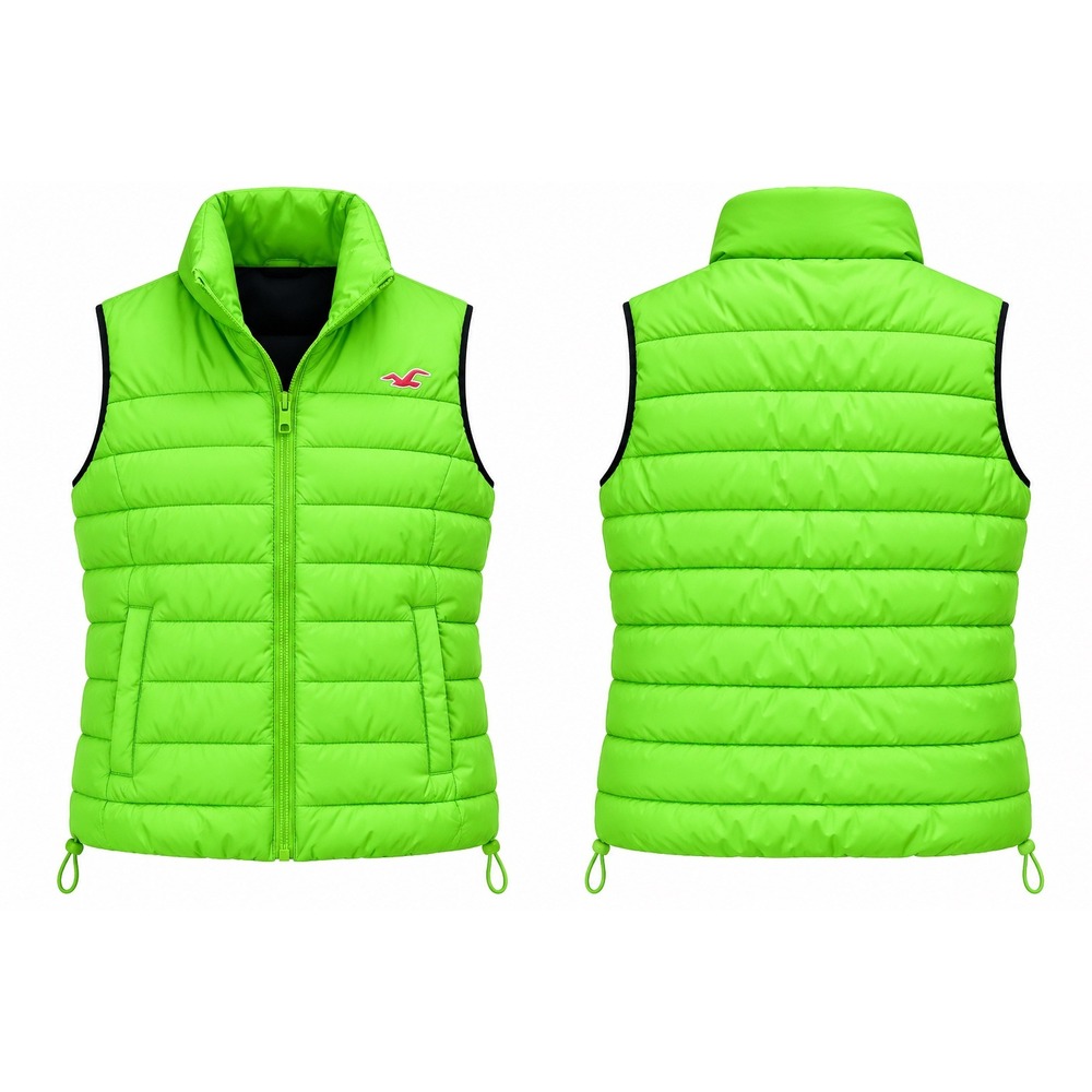 Hollister Puffer Vest Womens M Neon Green Lime Pink Logo Full Zip Y2K NWT